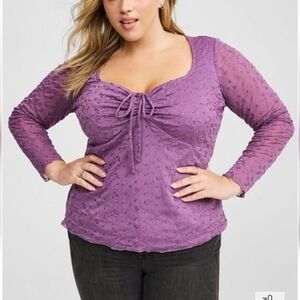 🆕️💜 2X LILAC STRETCH EMBROIDERED MESH TIE FRONT LONG SLEEVE TOP💜